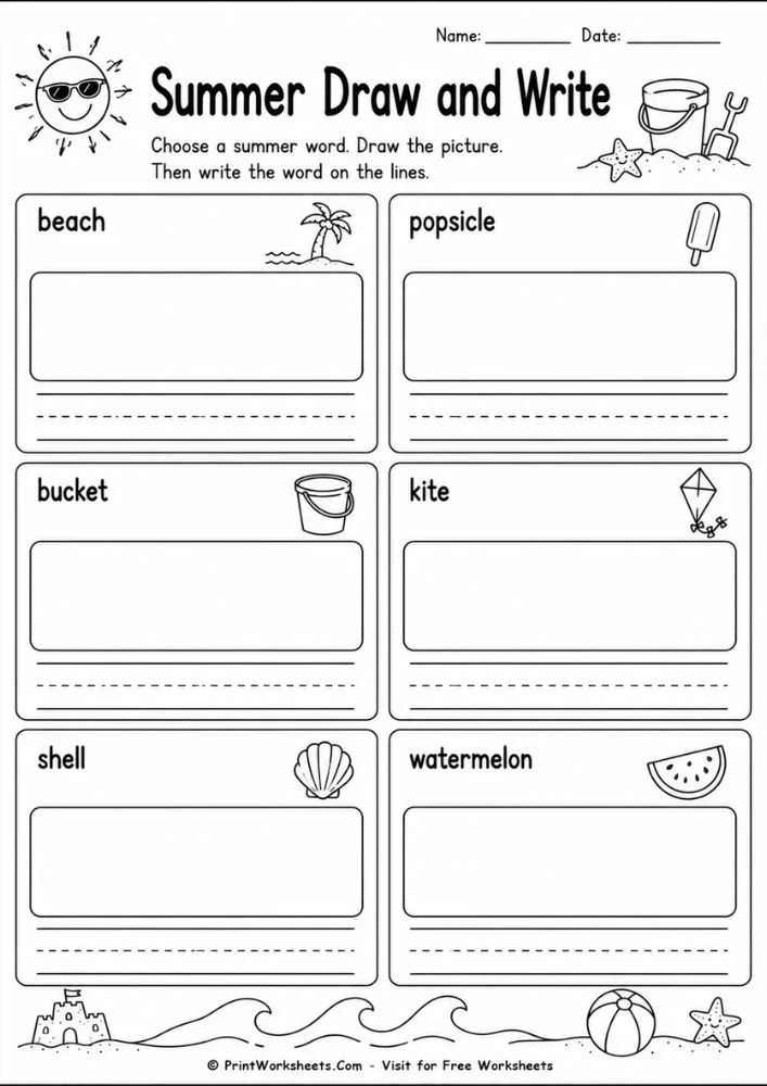 Summer draw and write worksheet for kindergarten simple writing