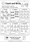 Preschool summer count and write worksheet with simple themed pictures