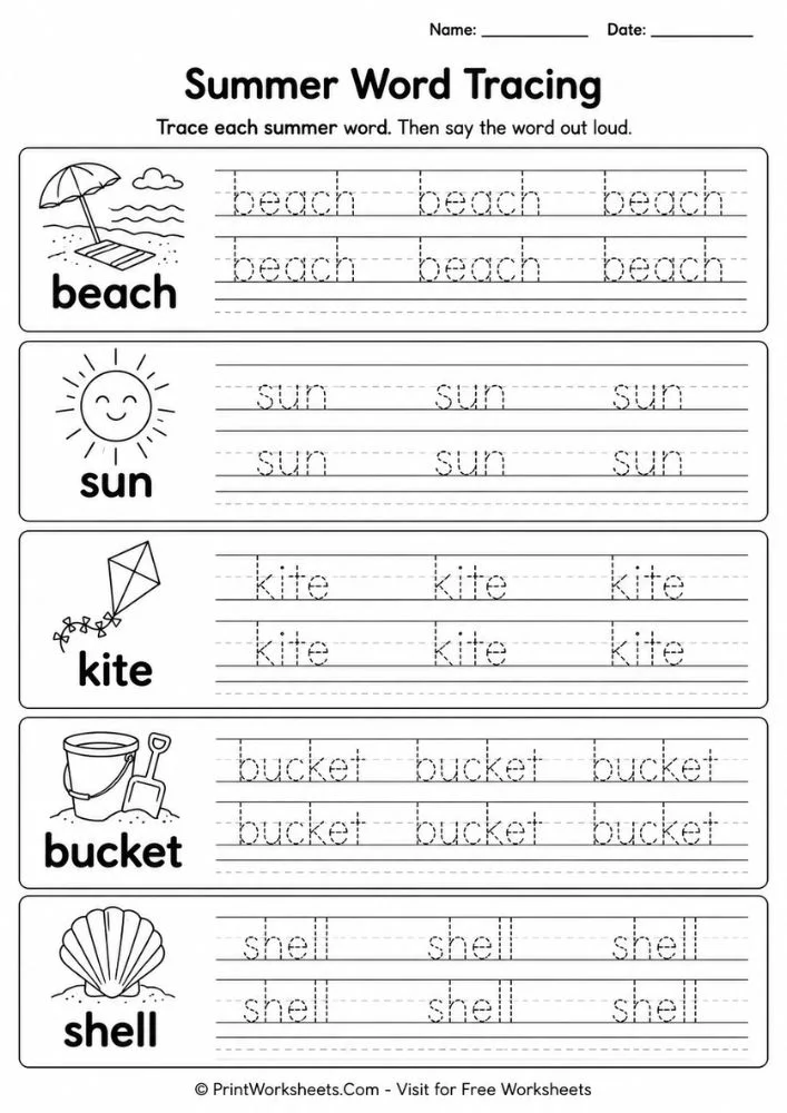 Summer word tracing worksheet for preschool handwriting practice