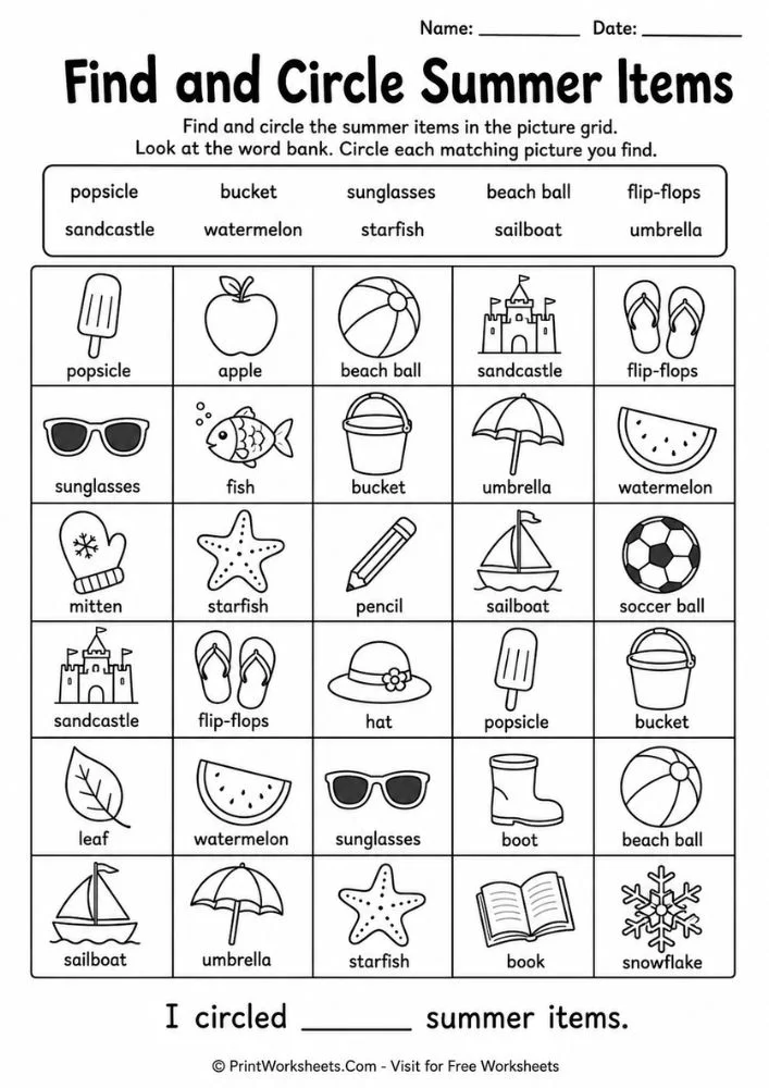 Find and circle summer worksheet for preschool visual discrimination