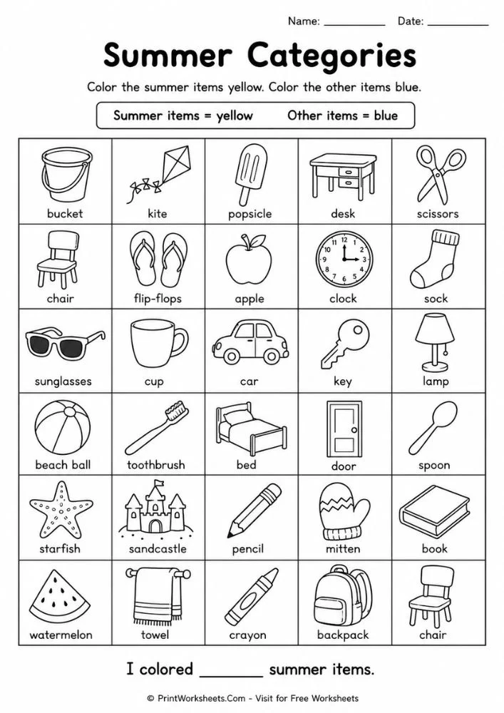 Summer coloring by category worksheet for preschool sorting practice