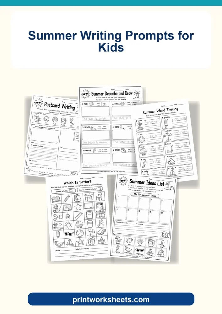 Summer Worksheets Worksheet - Free Summer Writing Prompts for Kids (Printable PDF) | Free Printable