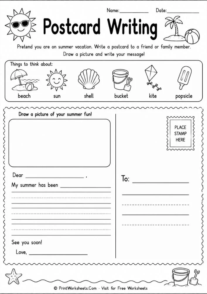 Summer writing prompts for kids postcard writing template for 1st to 3rd grade