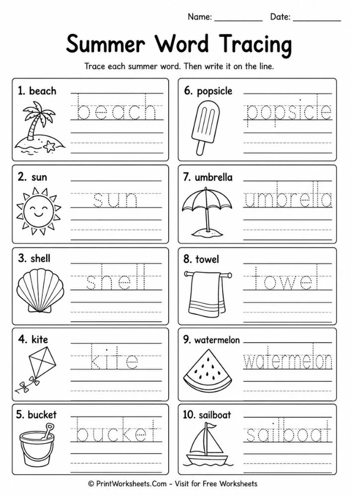 Summer writing prompts for kids word tracing and spelling vocabulary sheet