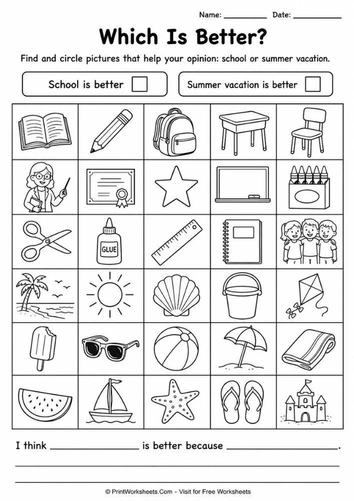 Summer writing prompts for kids school vs summer opinion sorting grid