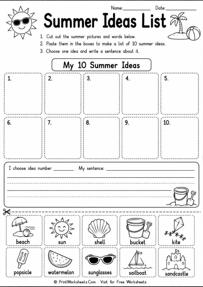 Summer writing prompts for kids cut and paste ideas list activity page