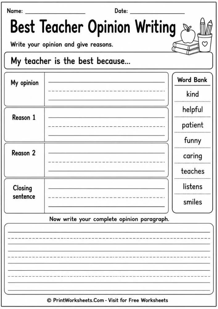 teacher-appreciation-week-1st-grade-opinion-writing Teacher Appreciation opinion writing worksheet for 1st grade