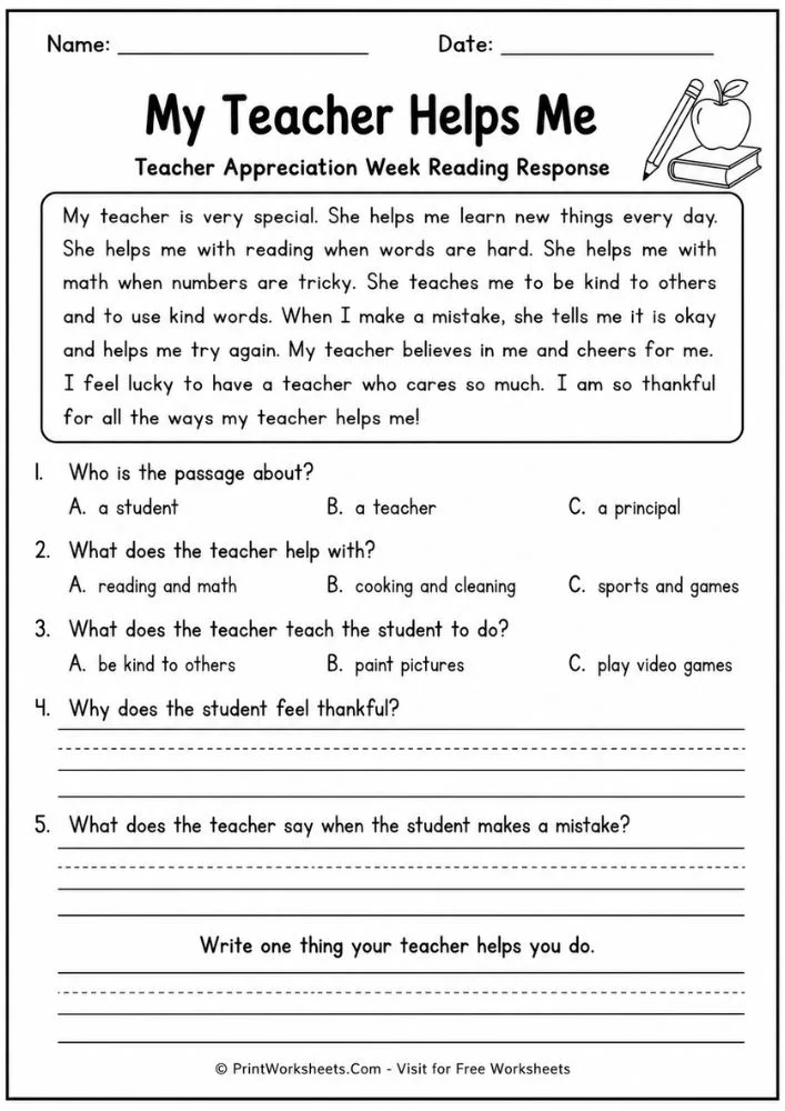 teacher-appreciation-week-1st-grade-reading-response Teacher Appreciation reading response worksheet for 1st grade