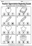 Teacher Appreciation beginning sounds worksheet for kindergarten