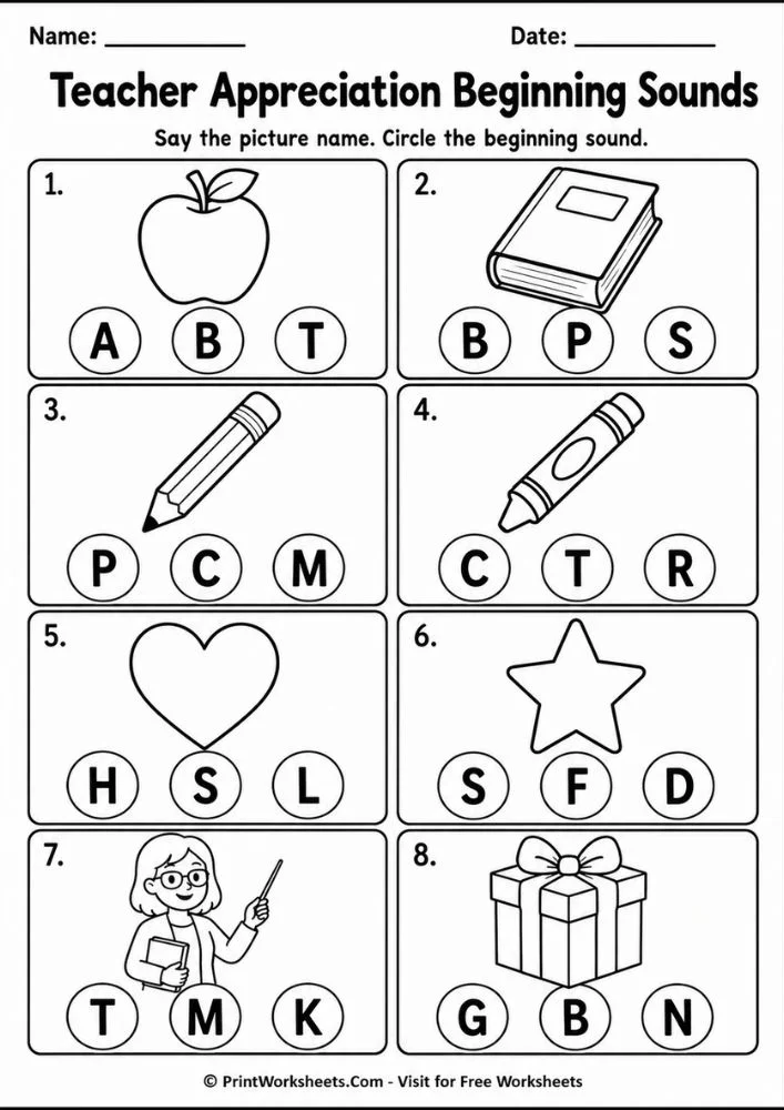 Teacher Appreciation beginning sounds worksheet for kindergarten