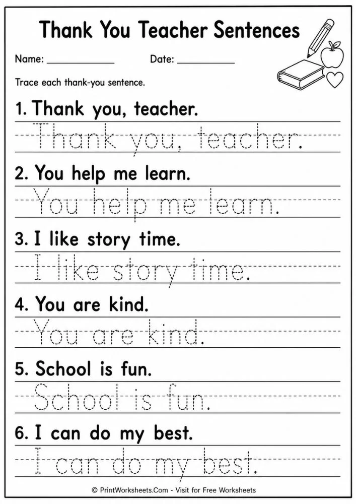 Teacher Appreciation Week kindergarten sentence tracing worksheet