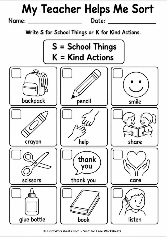 Teacher Appreciation sorting worksheet for kindergarten