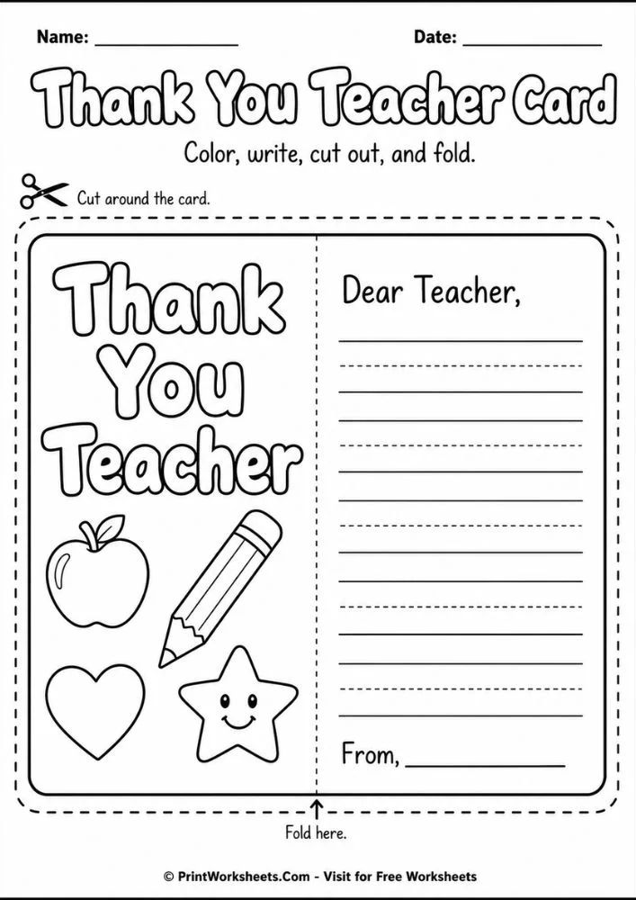Teacher Appreciation thank you card template for kindergarten