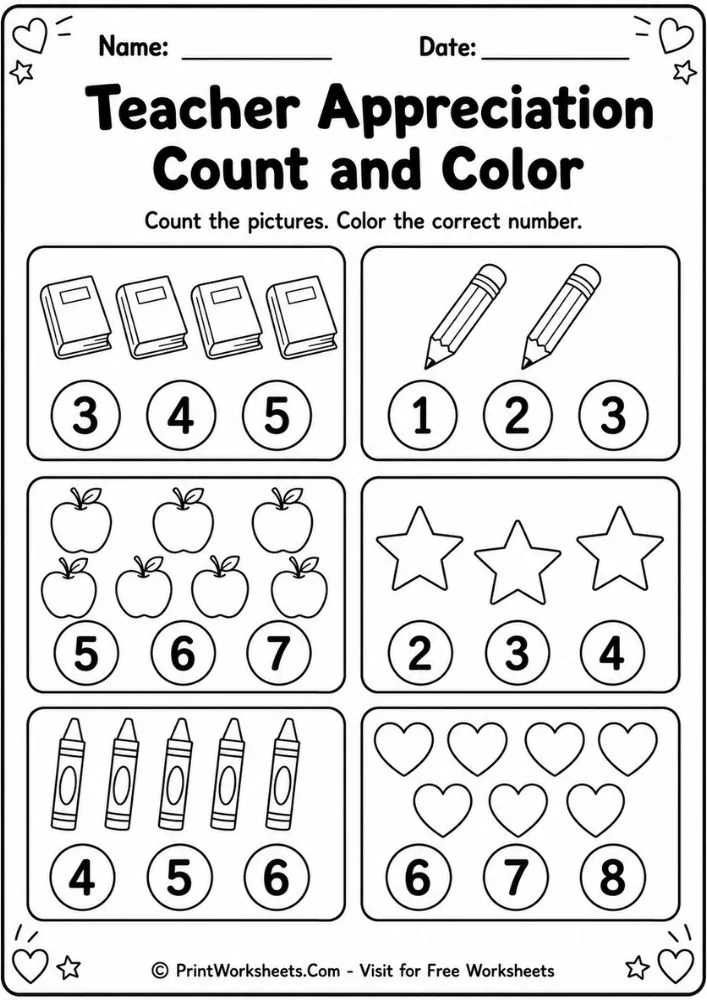Teacher Appreciation counting worksheet for preschool