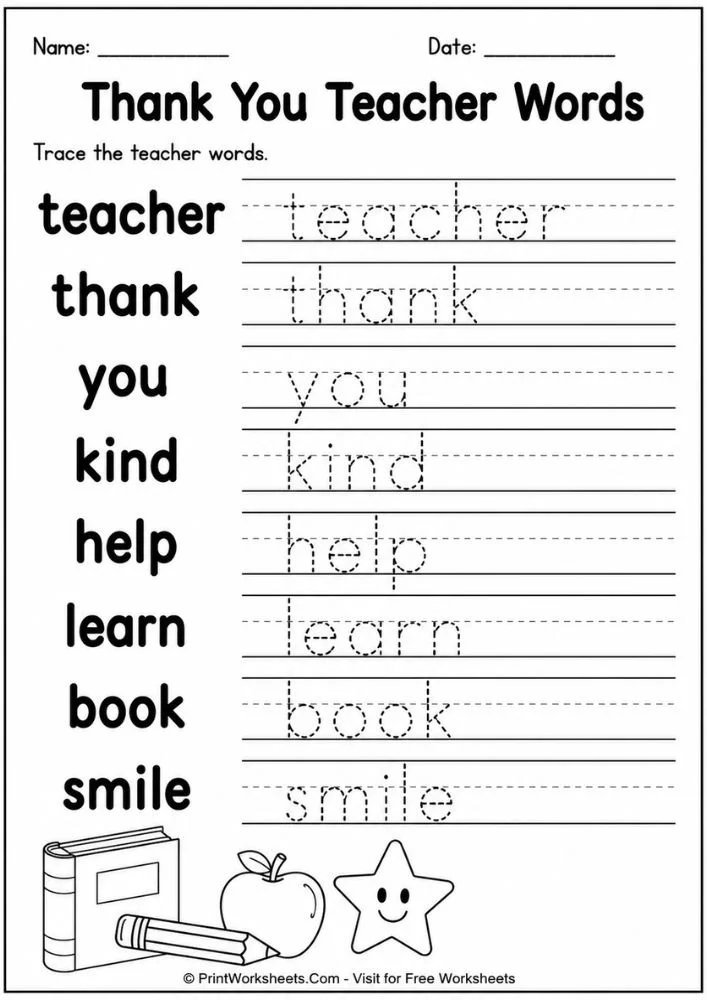 Teacher Appreciation Week worksheets for preschool word tracing