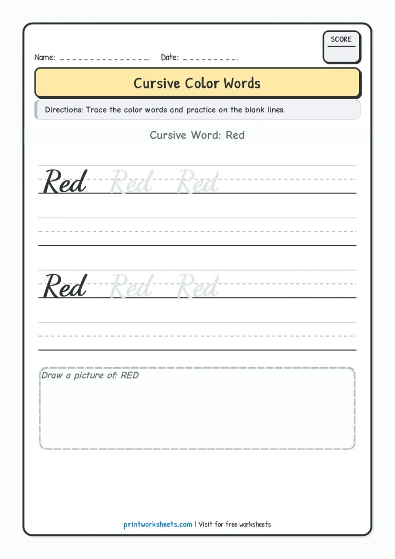 Blue cursive color word tracing worksheet for Grade 2 students