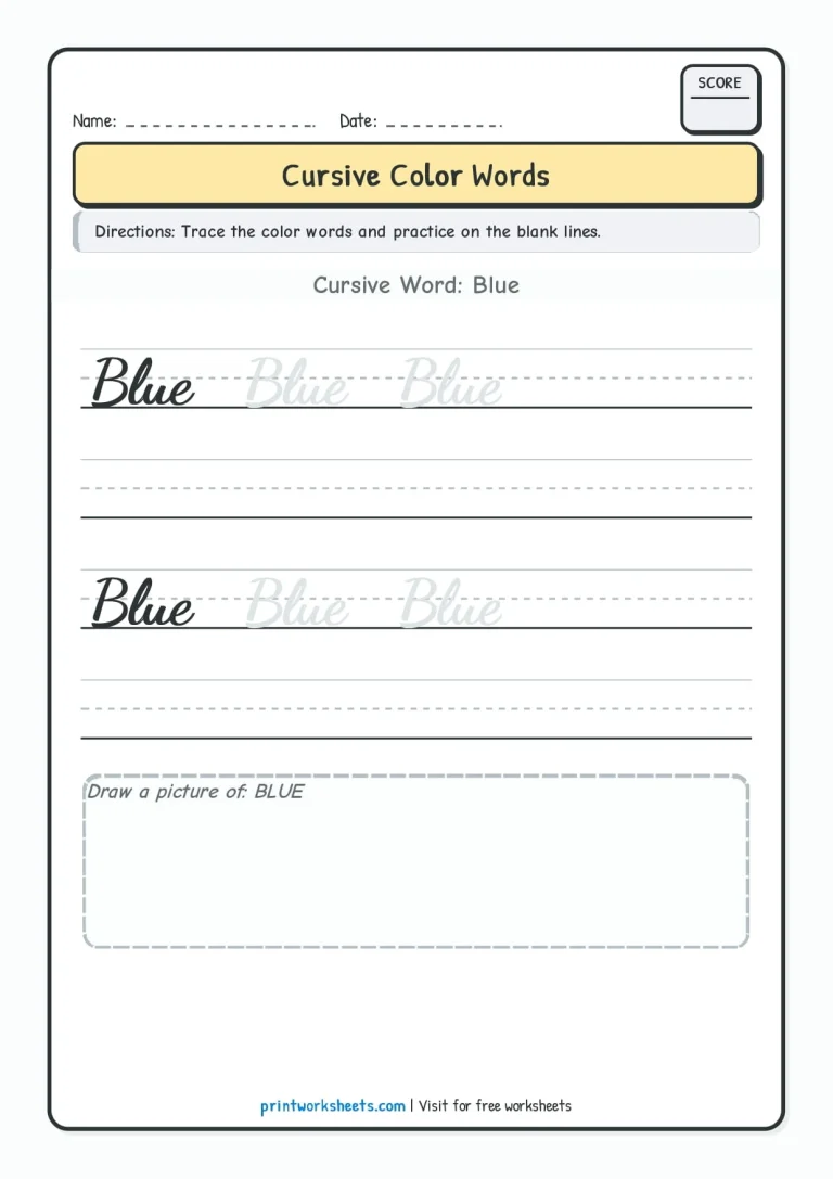 Blue Cursive Color Words Worksheet for Grade 2