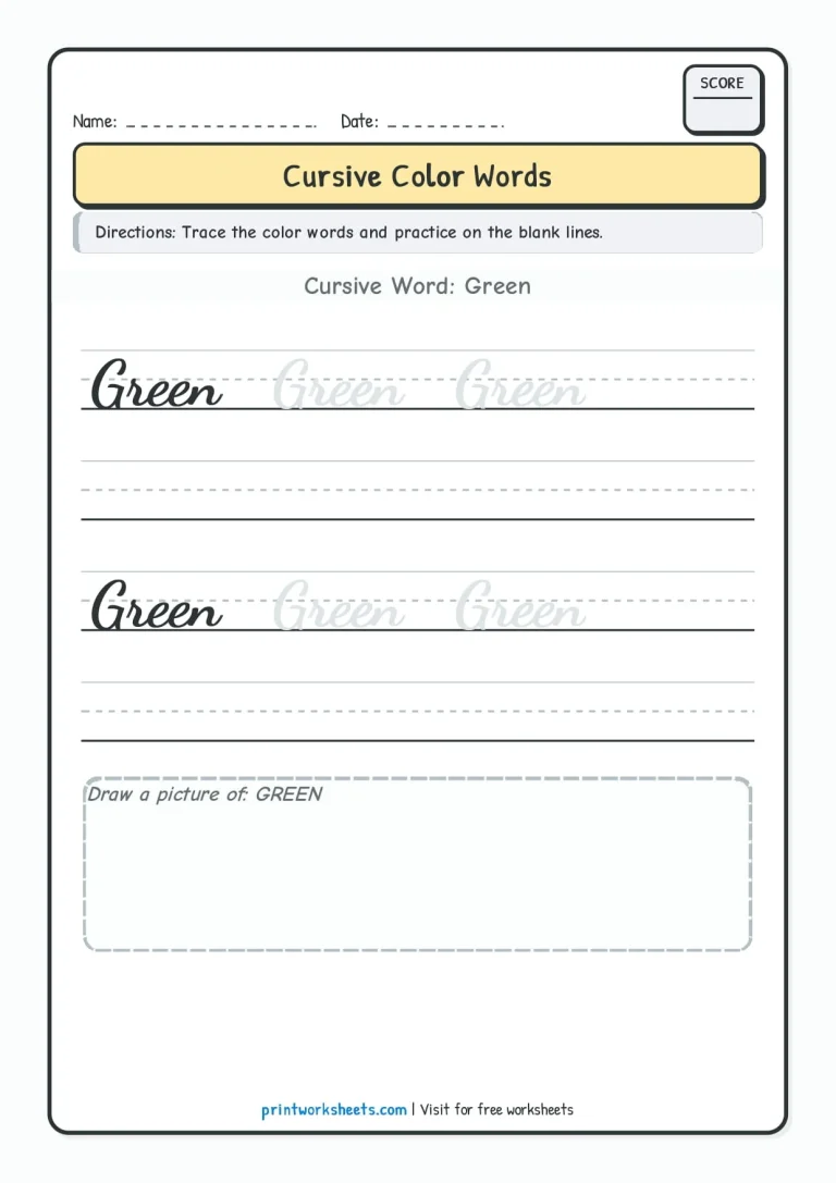 Yellow cursive color word tracing worksheet for Grade 2 students