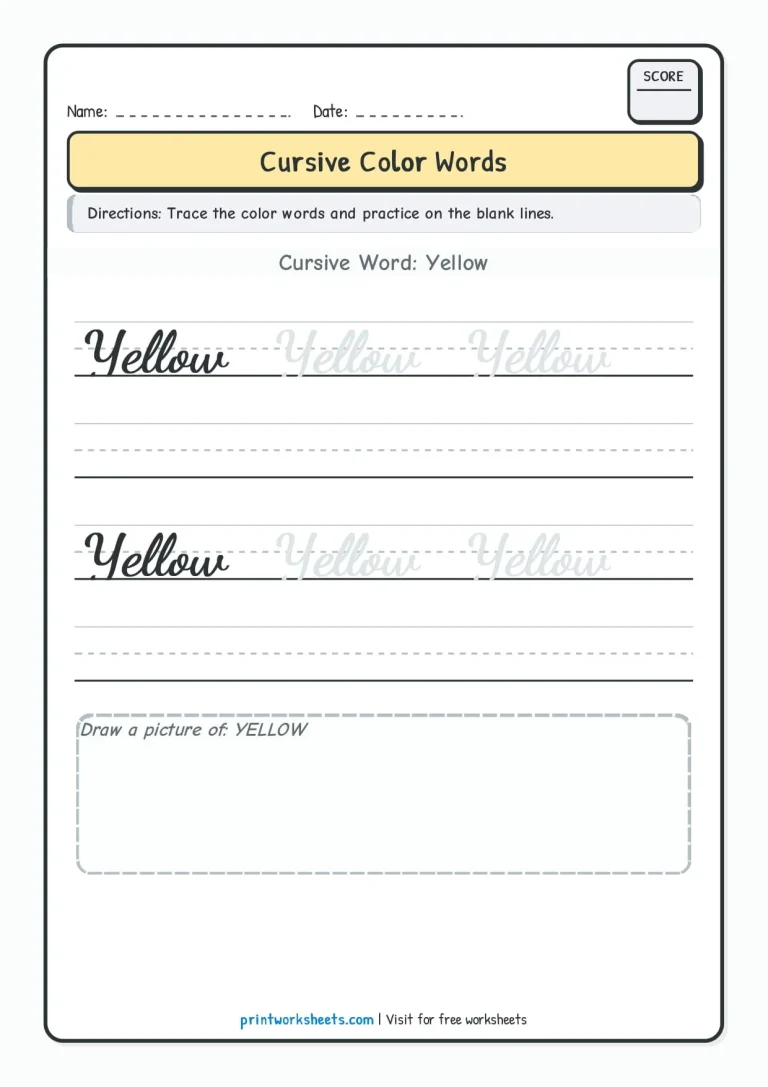 Black cursive color word tracing worksheet for Grade 2 students