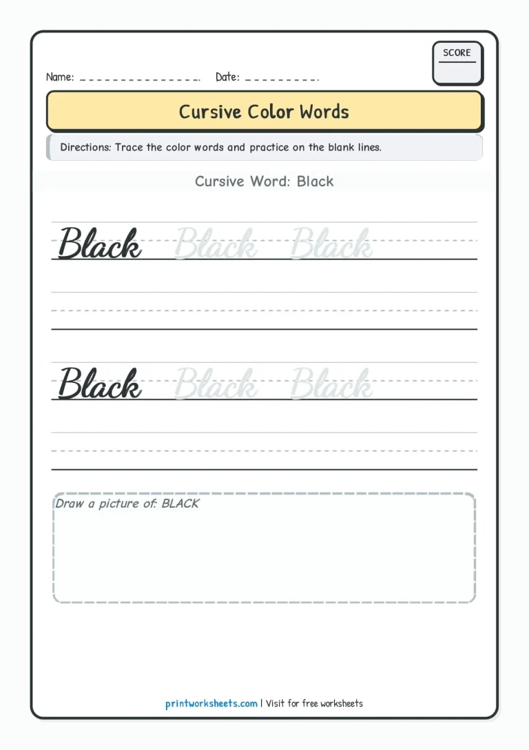 White cursive color word tracing worksheet for Grade 2 students