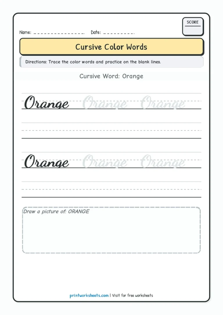 Green cursive color word tracing worksheet for Grade 2 students