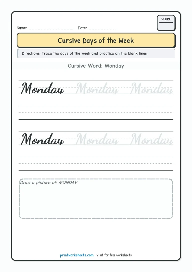 Monday cursive writing practice worksheet for Grade 3