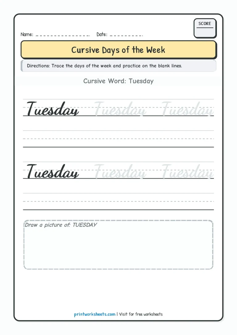Tuesday cursive writing practice worksheet for Grade 3