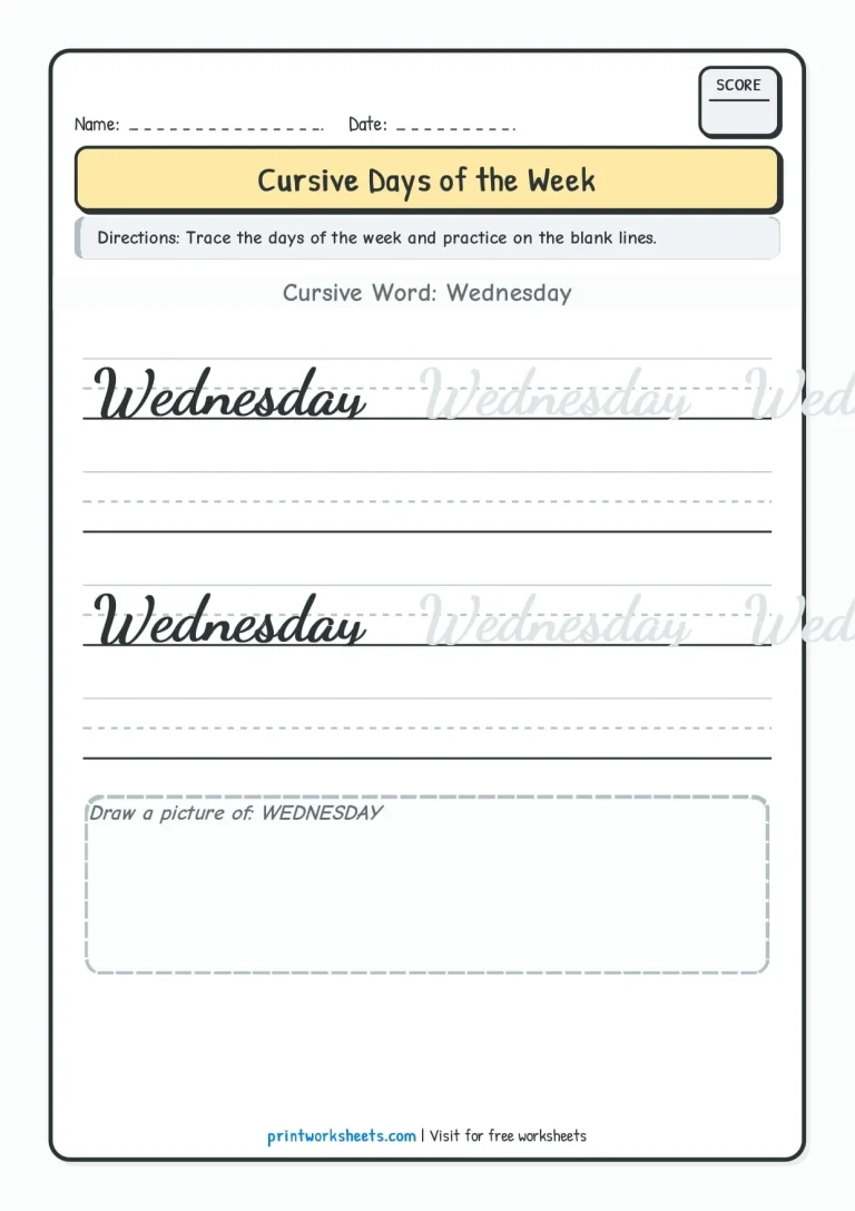 Wednesday cursive writing practice worksheet for Grade 3
