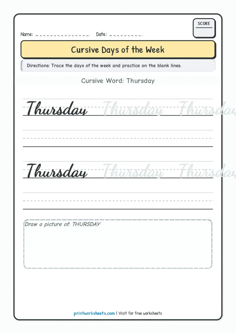 Thursday cursive writing practice worksheet for Grade 3
