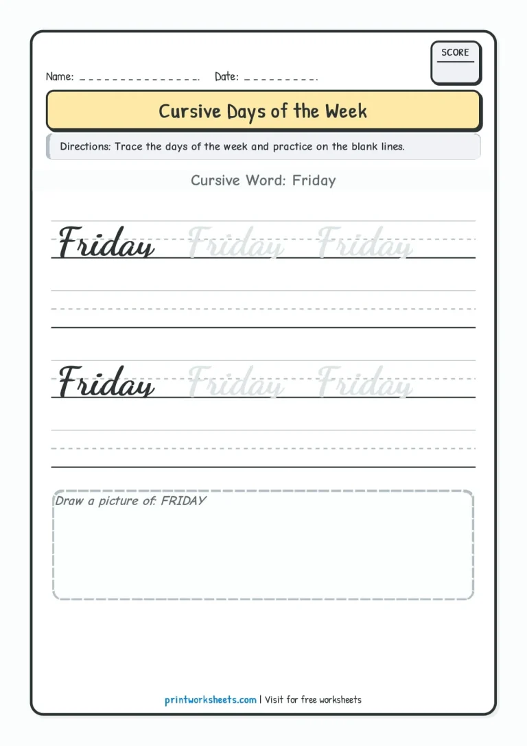 Friday cursive writing practice worksheet for Grade 3