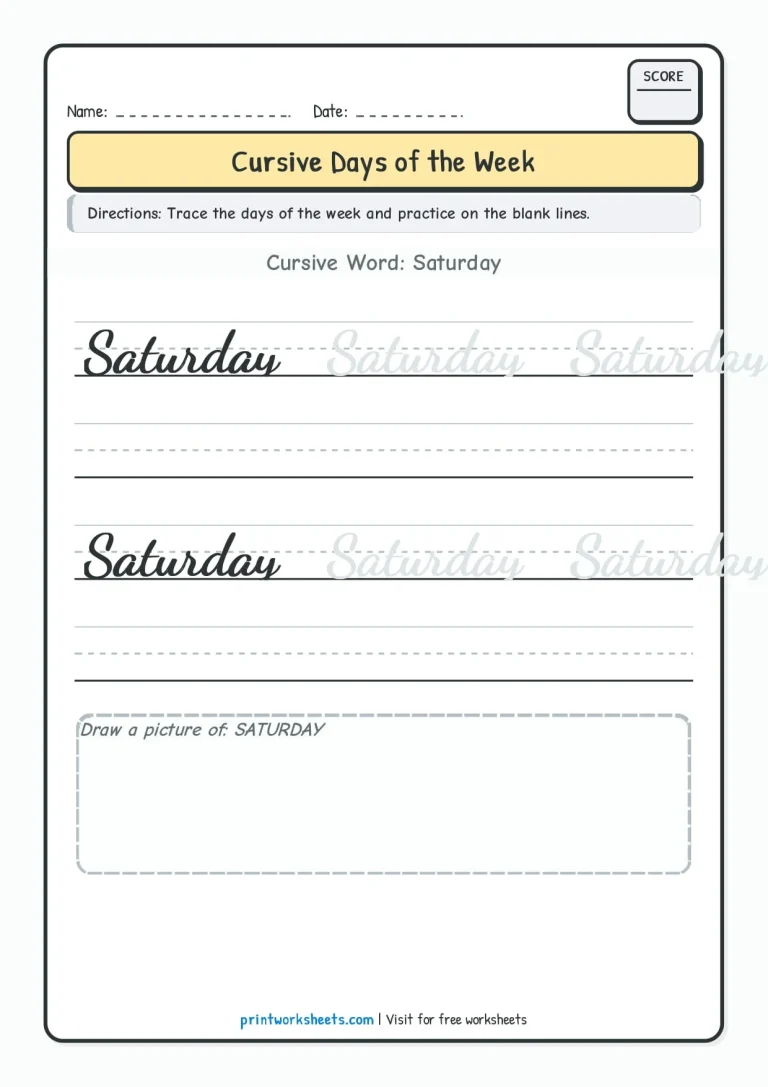 Saturday cursive writing practice worksheet for Grade 3