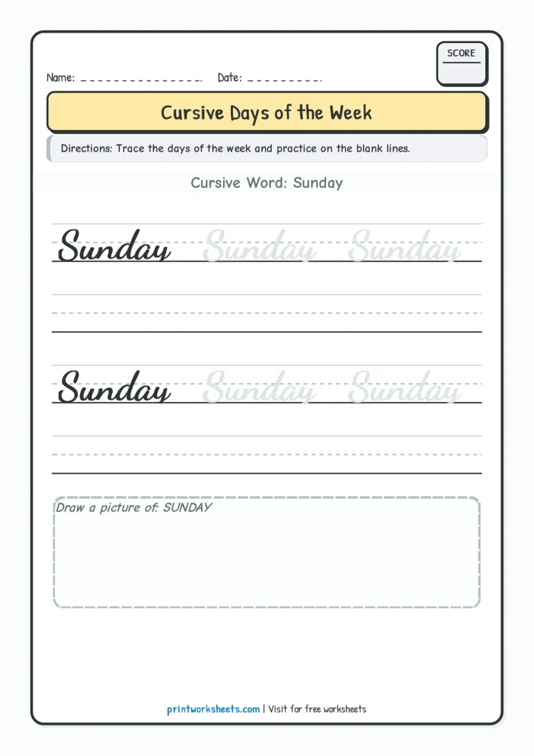 Sunday cursive writing practice worksheet for Grade 3