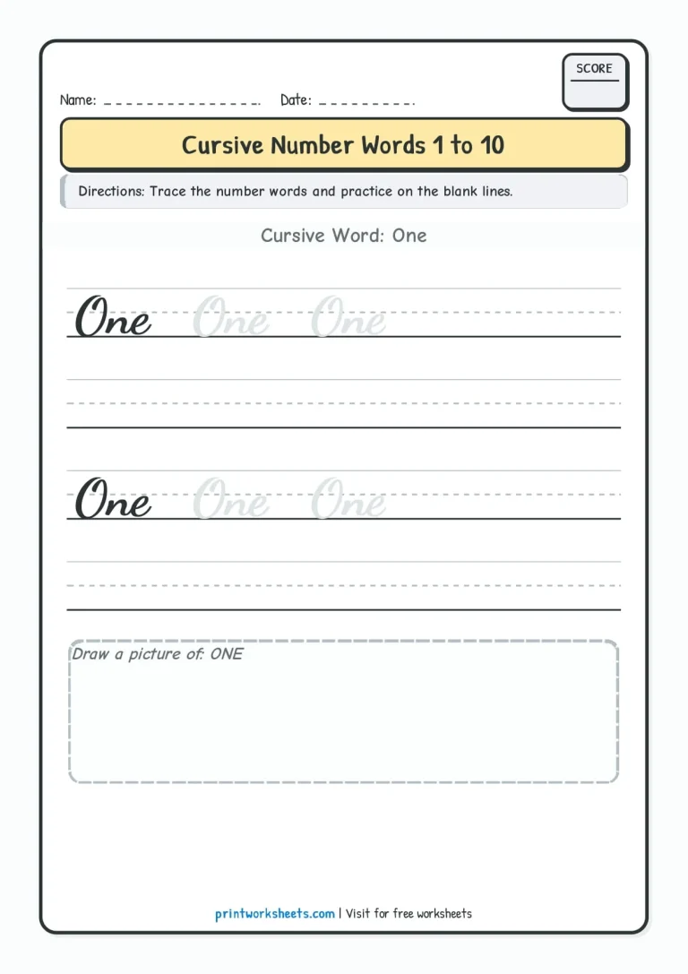 Cursive writing numbers in words worksheet for number One