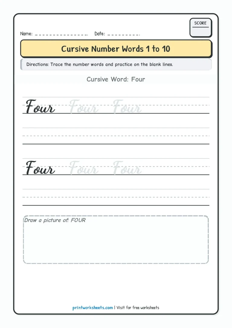 Cursive writing numbers in words worksheet for number Four