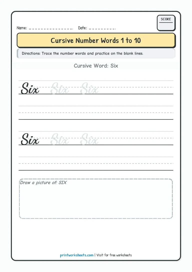 Cursive writing numbers in words worksheet for number Six