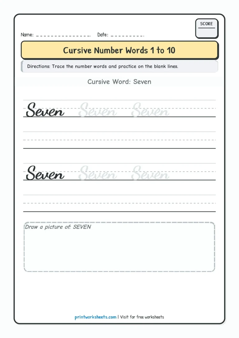 Cursive writing numbers in words worksheet for number Seven