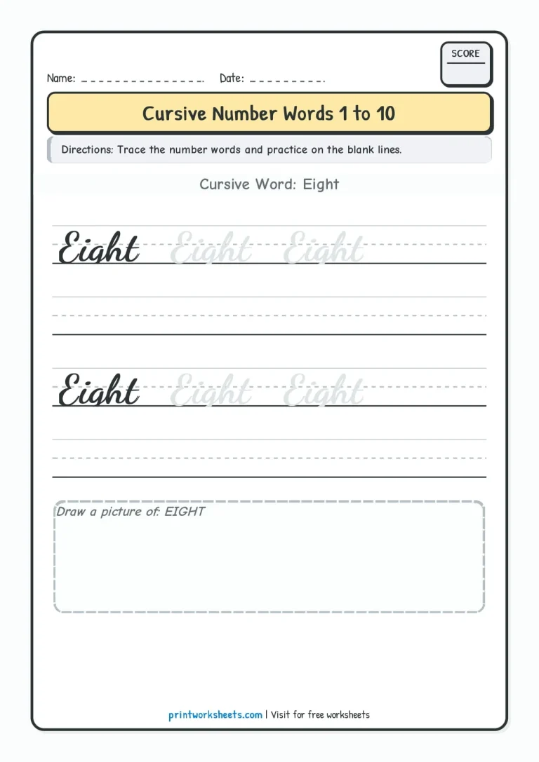 Cursive writing numbers in words worksheet for number Eight