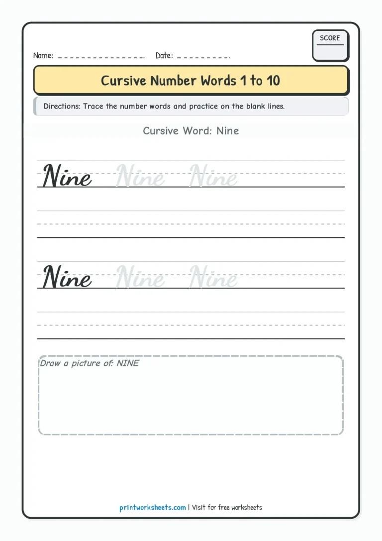 Cursive writing numbers in words worksheet for number Nine