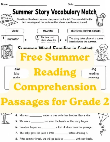 Free Summer Reading Comprehension Passages for Grade 2