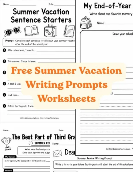 Free Summer Vacation Writing Prompts Worksheets for Grade 3