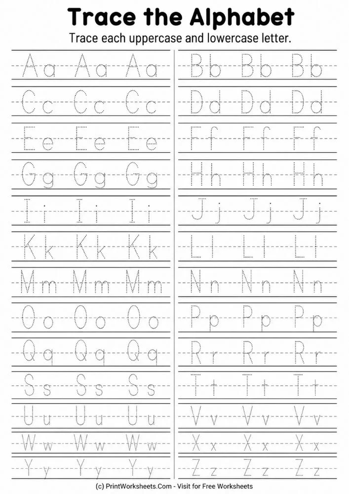 Uppercase and lowercase tracing worksheets A to Z