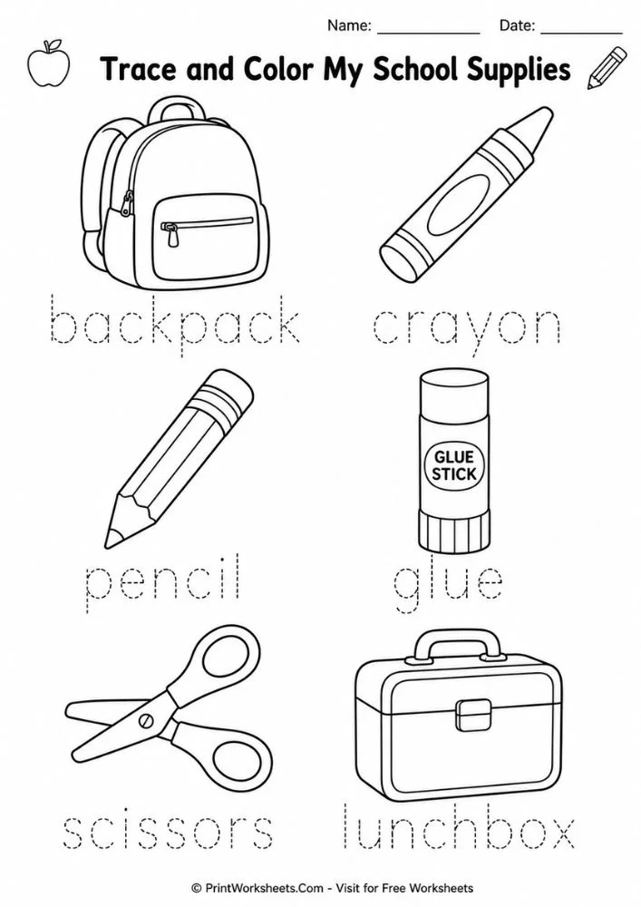 School supplies word tracing sheet