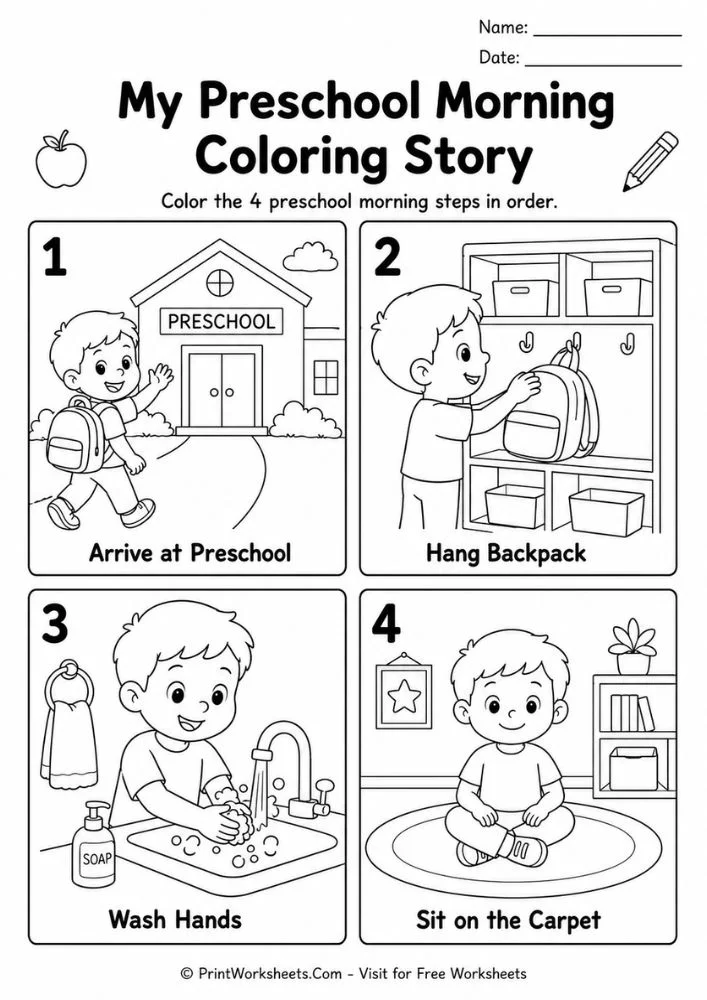 Preschool morning routine coloring sequence