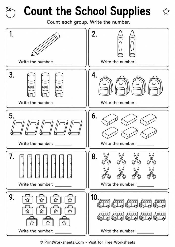 Count school supplies worksheet