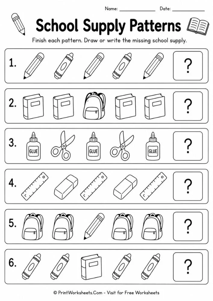School supply pattern worksheet