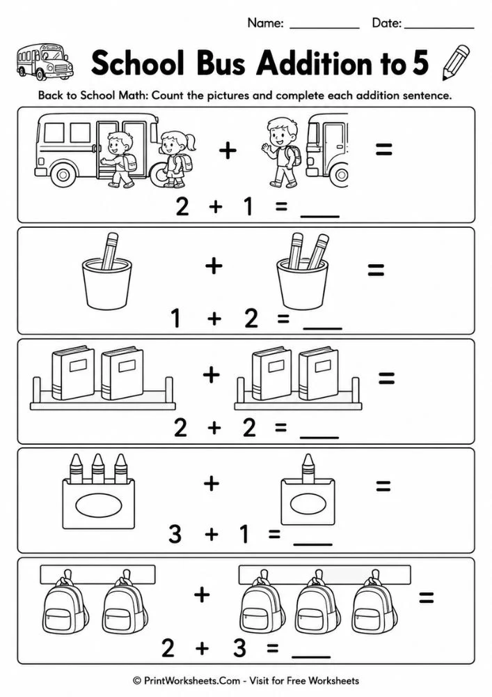 Free Printable Back to School Math Worksheets (PDF) - Worksheet Image