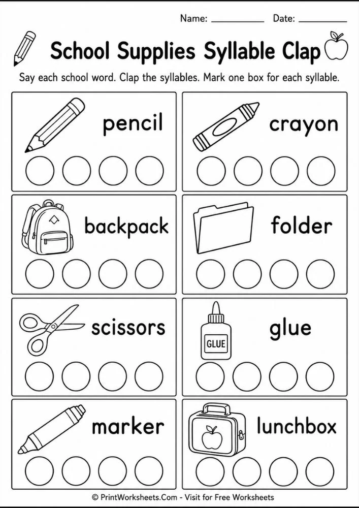 School supplies syllable worksheet