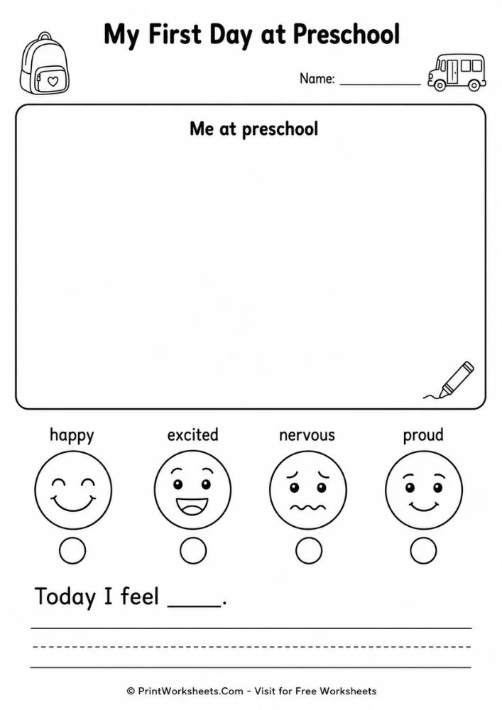 First day preschool feelings worksheet