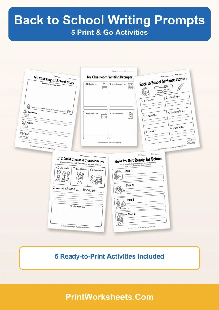 Back to School Worksheets Worksheet - 5 Free Back to School Writing Prompts (Printable PDF) | Free Printable