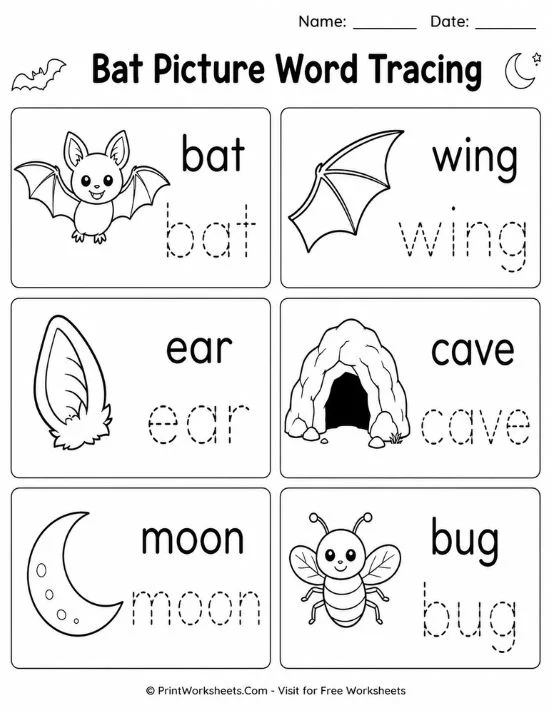 bat-worksheets-page-1 Bat vocabulary word tracing worksheet